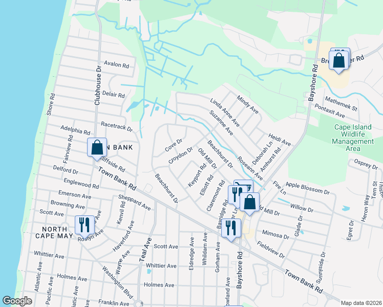 map of restaurants, bars, coffee shops, grocery stores, and more near 3 Carlton Drive in Lower Township