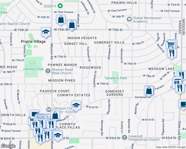 map of restaurants, bars, coffee shops, grocery stores, and more near 7839 Canterbury Street in Prairie Village