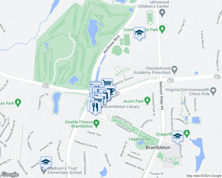 map of restaurants, bars, coffee shops, grocery stores, and more near 42425 Goldenseal Square in Ashburn