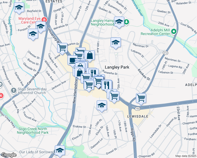 map of restaurants, bars, coffee shops, grocery stores, and more near 1400 University Boulevard East in Hyattsville