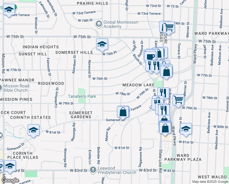 map of restaurants, bars, coffee shops, grocery stores, and more near 2516 West 78th Street in Prairie Village