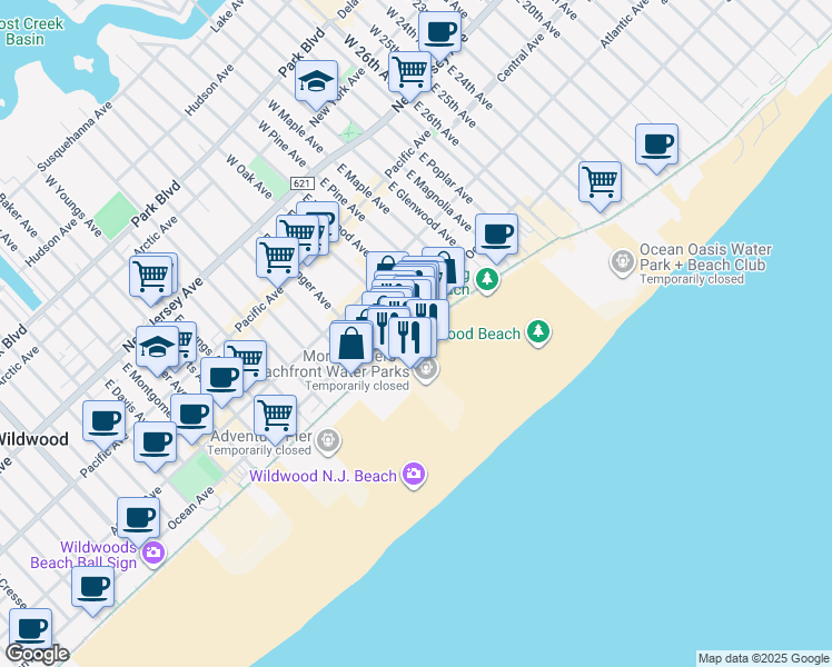 map of restaurants, bars, coffee shops, grocery stores, and more near 3409 Boardwalk in Wildwood