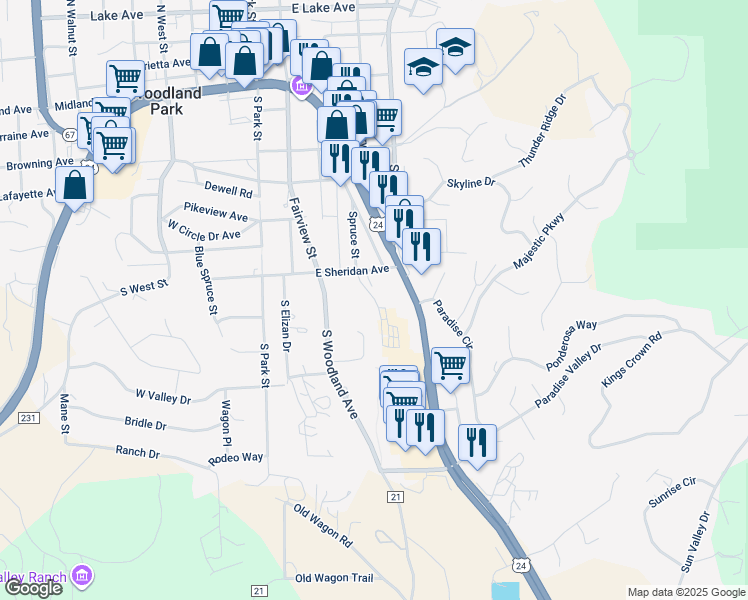 map of restaurants, bars, coffee shops, grocery stores, and more near Stone Park Lane in Woodland Park
