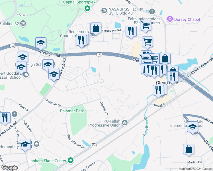 map of restaurants, bars, coffee shops, grocery stores, and more near 7105 Kurth Lane in Lanham