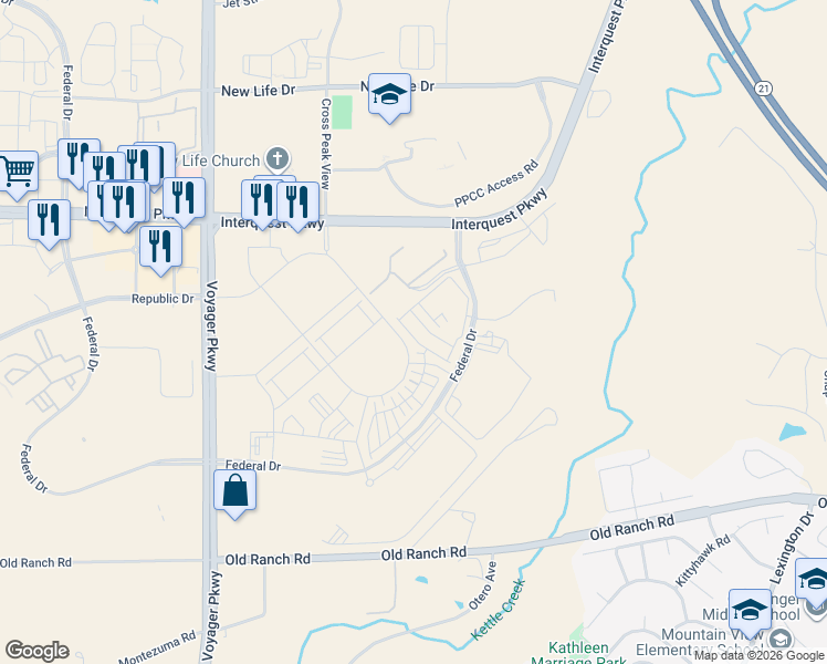 map of restaurants, bars, coffee shops, grocery stores, and more near 10168-10174 Federal Drive in Colorado Springs