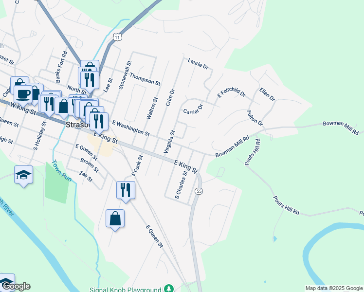 map of restaurants, bars, coffee shops, grocery stores, and more near 1053 East Washington Street in Strasburg