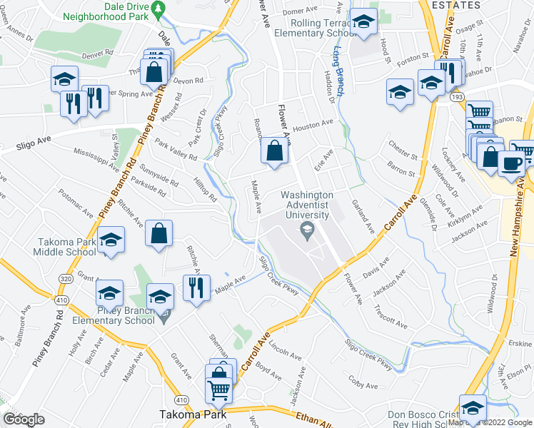 map of restaurants, bars, coffee shops, grocery stores, and more near 704 Maplewood Avenue in Takoma Park