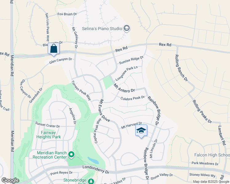 map of restaurants, bars, coffee shops, grocery stores, and more near 12566 Culebra Peak Drive in Peyton