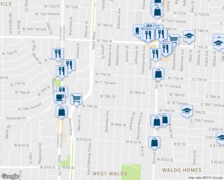 map of restaurants, bars, coffee shops, grocery stores, and more near 7736 Madison Avenue in Kansas City