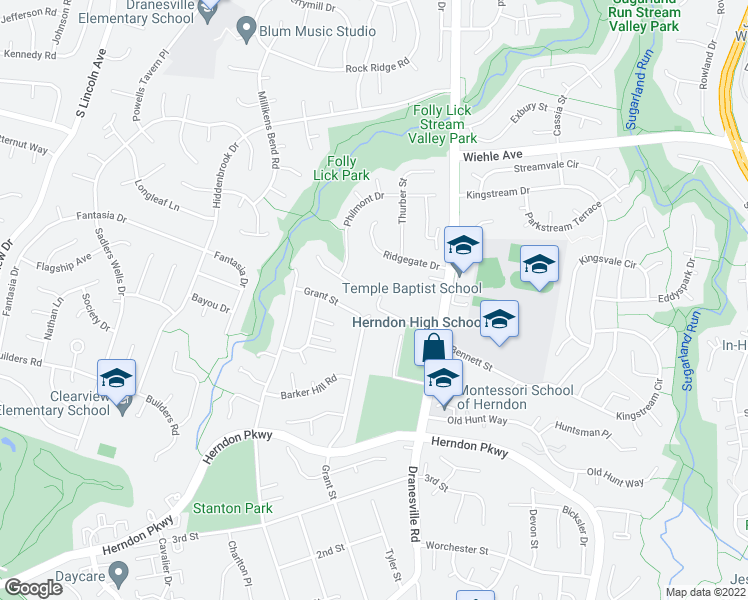 map of restaurants, bars, coffee shops, grocery stores, and more near 1566 Dranesville Road in Herndon