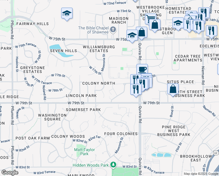 map of restaurants, bars, coffee shops, grocery stores, and more near 7712 Charles Street in Lenexa