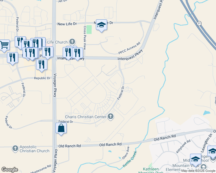 map of restaurants, bars, coffee shops, grocery stores, and more near 10168-10174 Federal Drive in Colorado Springs