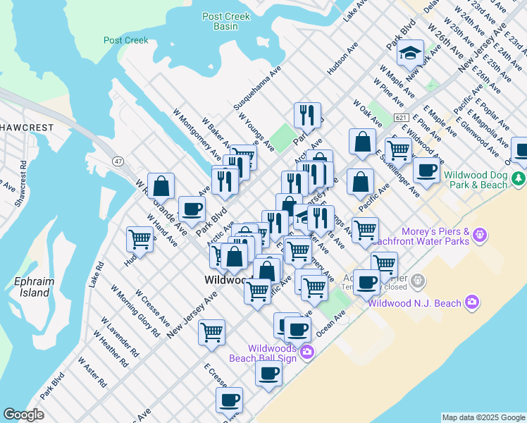 map of restaurants, bars, coffee shops, grocery stores, and more near 4310 Arctic Avenue in Wildwood