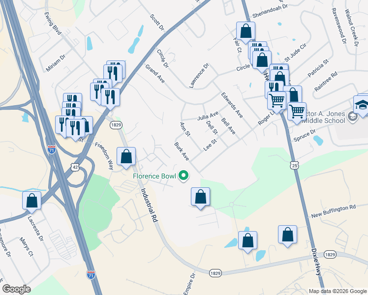 map of restaurants, bars, coffee shops, grocery stores, and more near 62 Burk Avenue in Florence