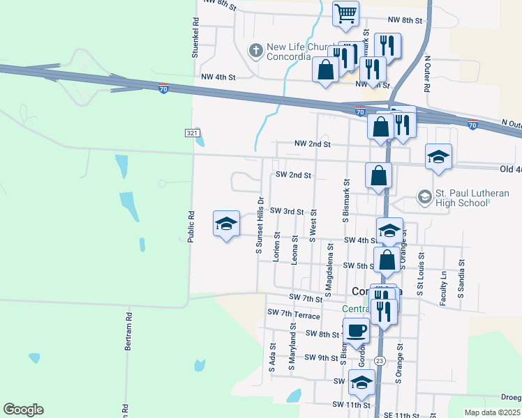 map of restaurants, bars, coffee shops, grocery stores, and more near 241 South Sunset Hills Drive in Concordia
