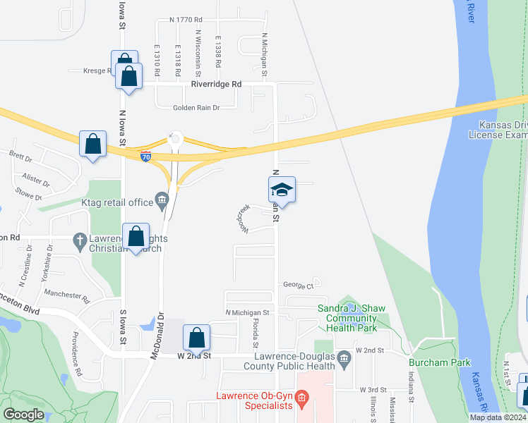 map of restaurants, bars, coffee shops, grocery stores, and more near 255 North Michigan Street in Lawrence