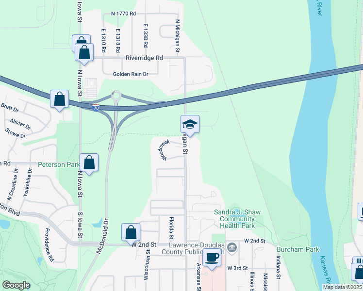 map of restaurants, bars, coffee shops, grocery stores, and more near 237 North Michigan Street in Lawrence