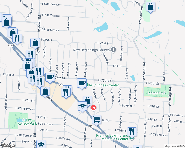map of restaurants, bars, coffee shops, grocery stores, and more near 7412 Appleton Avenue in Raytown