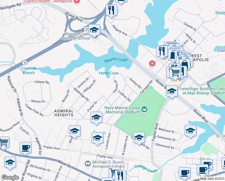 map of restaurants, bars, coffee shops, grocery stores, and more near 227 Dewey Drive in Annapolis
