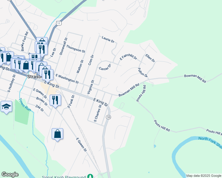 map of restaurants, bars, coffee shops, grocery stores, and more near 1053 East Washington Street in Strasburg