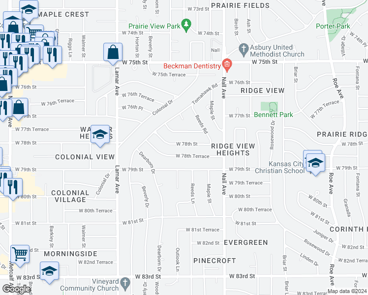 map of restaurants, bars, coffee shops, grocery stores, and more near 5717 West 78th Street in Prairie Village