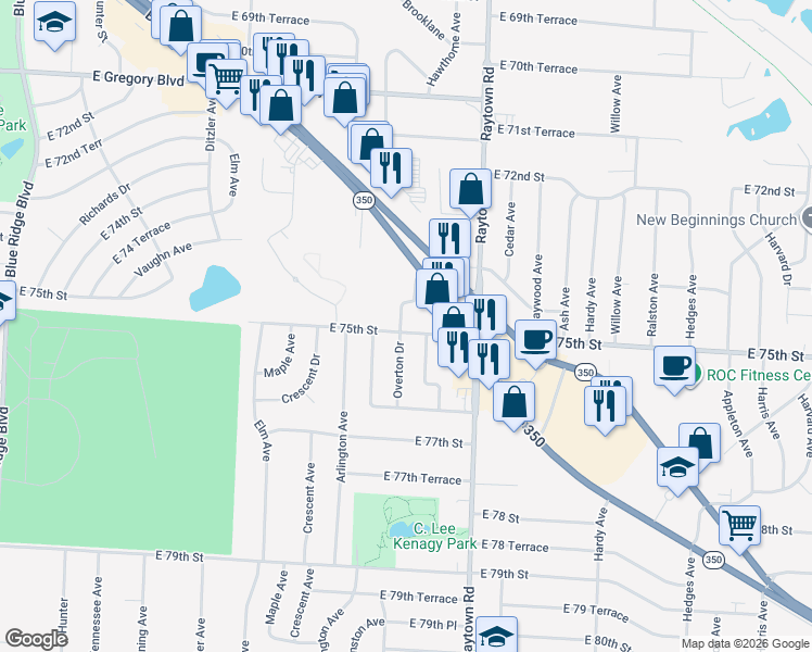 map of restaurants, bars, coffee shops, grocery stores, and more near 9700 East 75th Street in Raytown