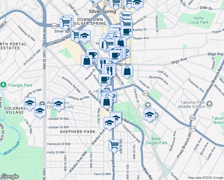 map of restaurants, bars, coffee shops, grocery stores, and more near Georgia Avenue & 13th Street in Silver Spring
