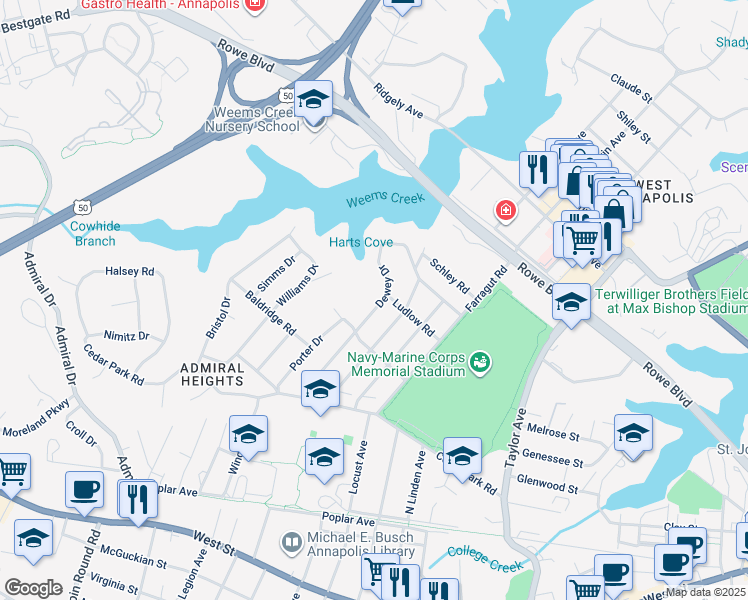 map of restaurants, bars, coffee shops, grocery stores, and more near 227 Dewey Drive in Annapolis