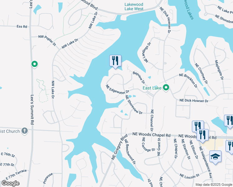 map of restaurants, bars, coffee shops, grocery stores, and more near 23 Northeast Bayview Drive in Lee's Summit