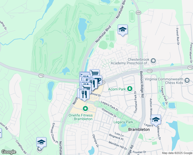 map of restaurants, bars, coffee shops, grocery stores, and more near 42415 Goldenseal Square in Brambleton