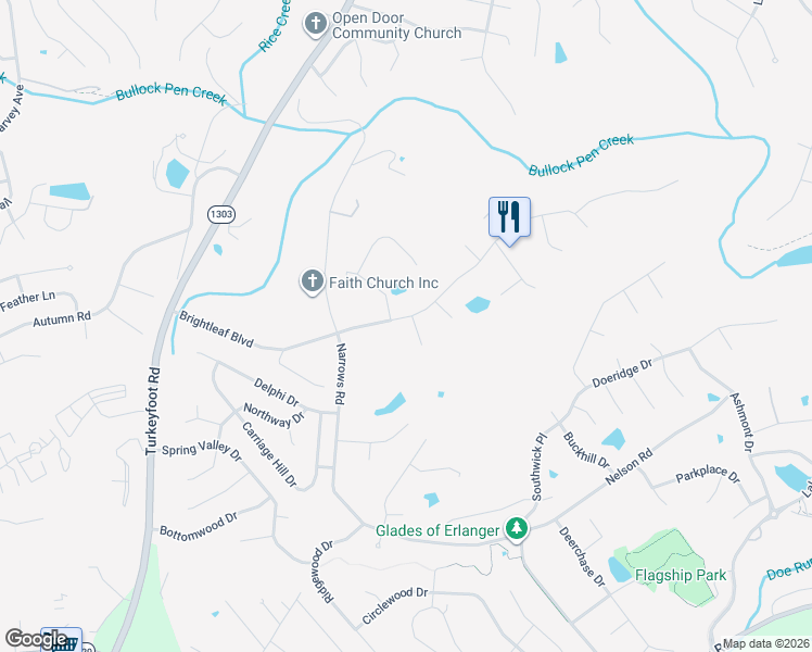 map of restaurants, bars, coffee shops, grocery stores, and more near 1242 Brightleaf Boulevard in Erlanger