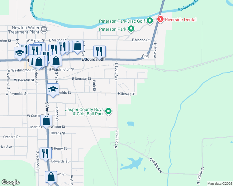 map of restaurants, bars, coffee shops, grocery stores, and more near 399 South Scott Avenue in Newton
