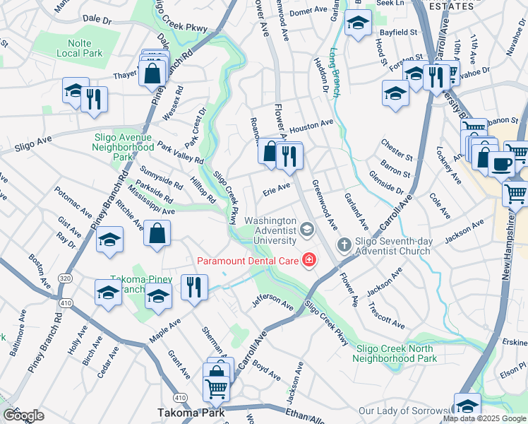 map of restaurants, bars, coffee shops, grocery stores, and more near 704 Maplewood Avenue in Takoma Park