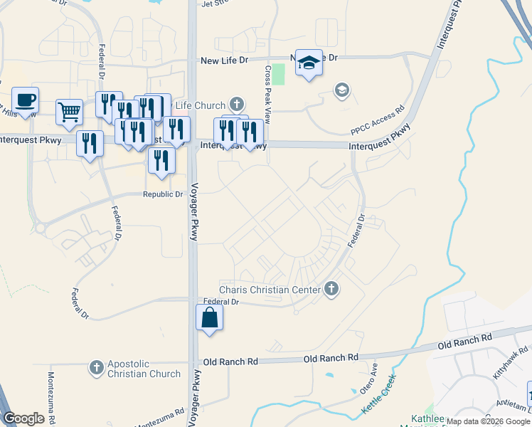 map of restaurants, bars, coffee shops, grocery stores, and more near 1803 Satin Spar Point in Colorado Springs