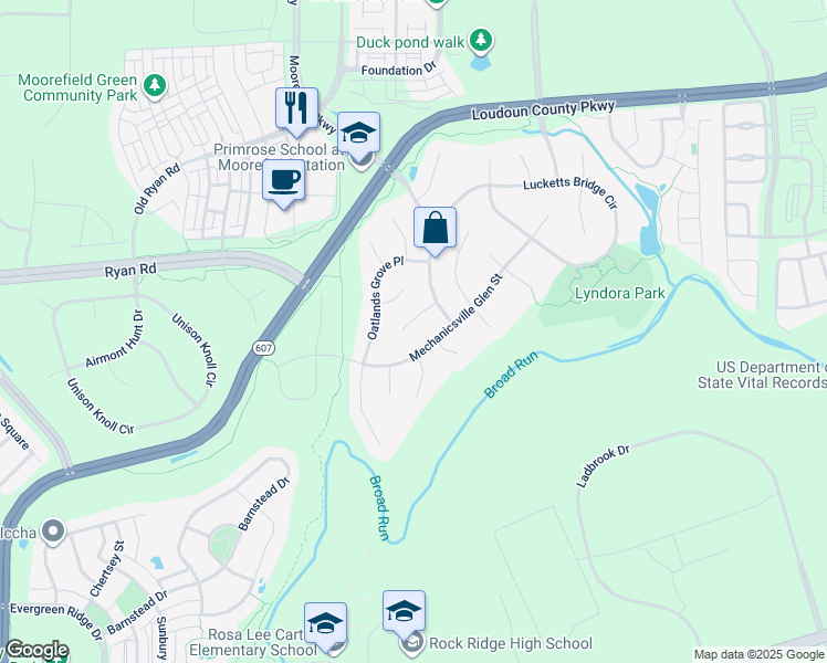 map of restaurants, bars, coffee shops, grocery stores, and more near 22740 Morrisonville Corner Court in Ashburn