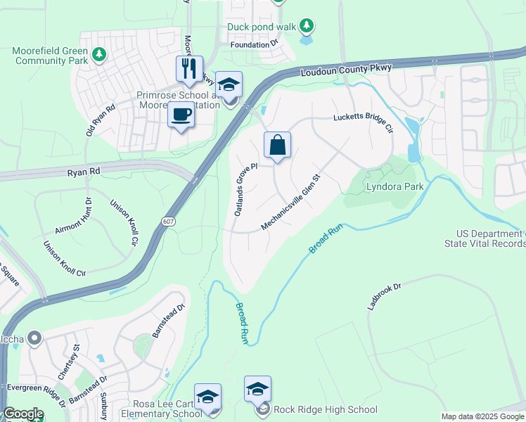 map of restaurants, bars, coffee shops, grocery stores, and more near 22740 Morrisonville Corner Court in Ashburn