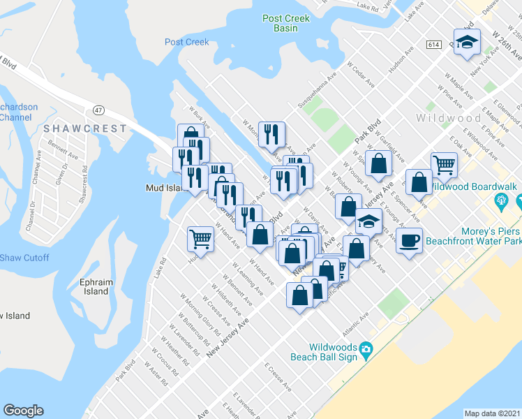 map of restaurants, bars, coffee shops, grocery stores, and more near 332 West Andrews Avenue in Wildwood