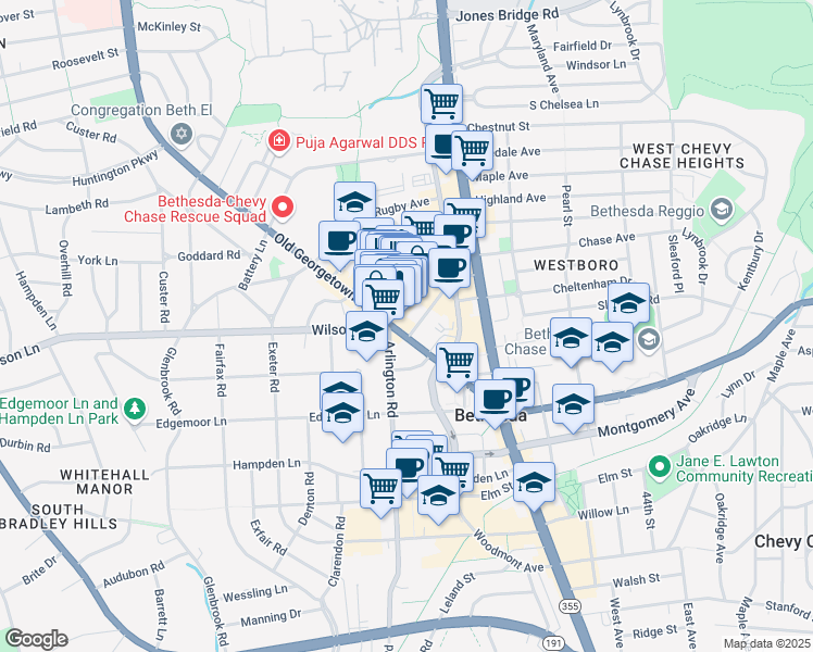 map of restaurants, bars, coffee shops, grocery stores, and more near 7735 Old Georgetown Road in Bethesda