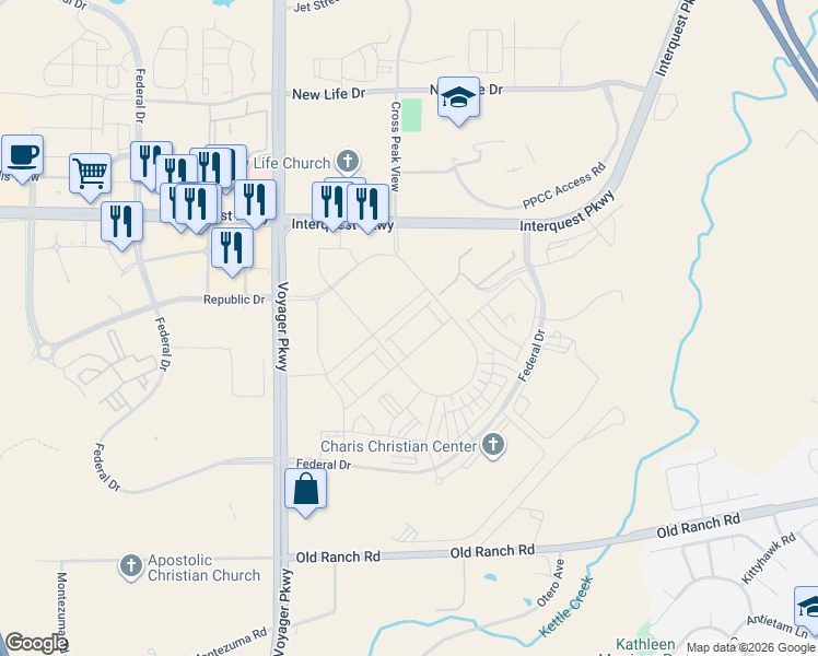 map of restaurants, bars, coffee shops, grocery stores, and more near 1803 Satin Spar Point in Colorado Springs