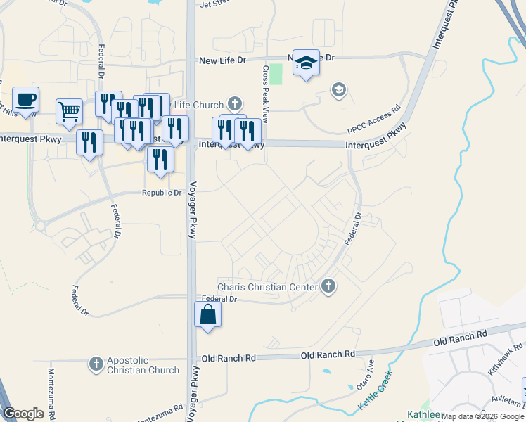 map of restaurants, bars, coffee shops, grocery stores, and more near 1803 Satin Spar Point in Colorado Springs