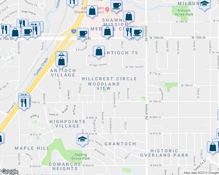 map of restaurants, bars, coffee shops, grocery stores, and more near 9121 West 78th Street in Overland Park