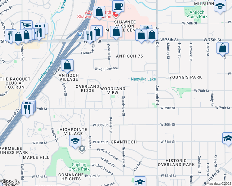map of restaurants, bars, coffee shops, grocery stores, and more near 9121 West 78th Street in Overland Park