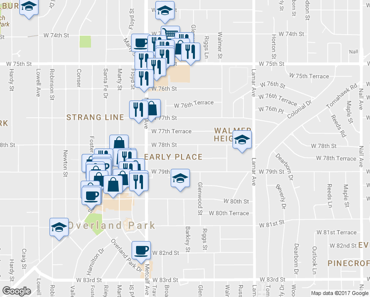 map of restaurants, bars, coffee shops, grocery stores, and more near 6801 West 78th Street in Overland Park