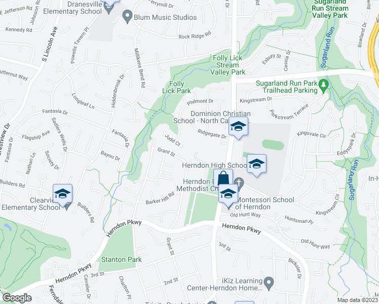 map of restaurants, bars, coffee shops, grocery stores, and more near 1566 Dranesville Road in Herndon