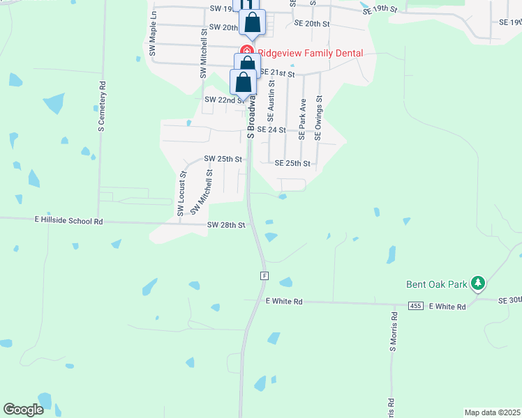 map of restaurants, bars, coffee shops, grocery stores, and more near 2607 South Broadway in Oak Grove