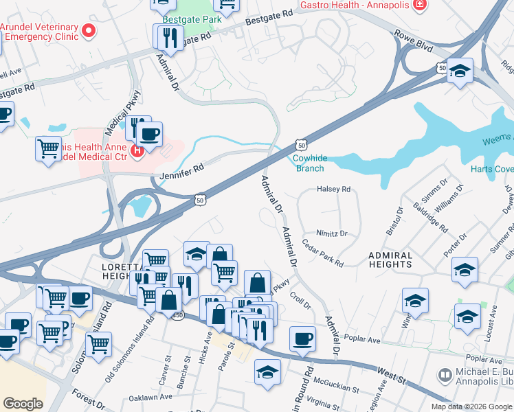 map of restaurants, bars, coffee shops, grocery stores, and more near 440 Captains Circle in Annapolis