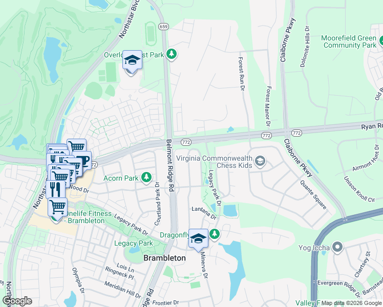 map of restaurants, bars, coffee shops, grocery stores, and more near 22781 Highcrest Circle in Ashburn