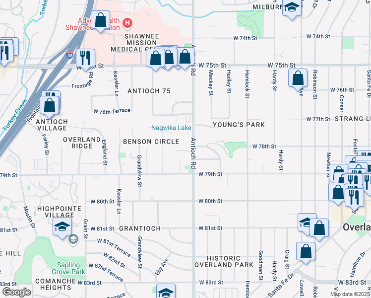 map of restaurants, bars, coffee shops, grocery stores, and more near 7744 Antioch Road in Overland Park