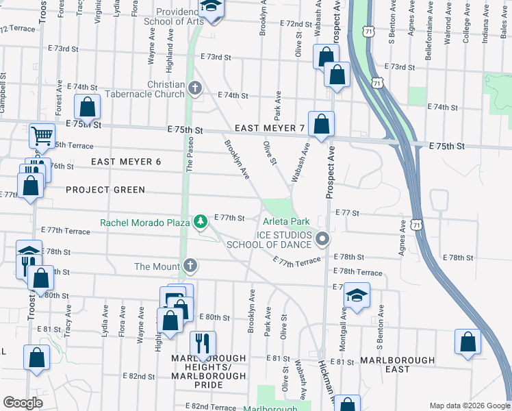 map of restaurants, bars, coffee shops, grocery stores, and more near 7636 Brooklyn Avenue in Kansas City