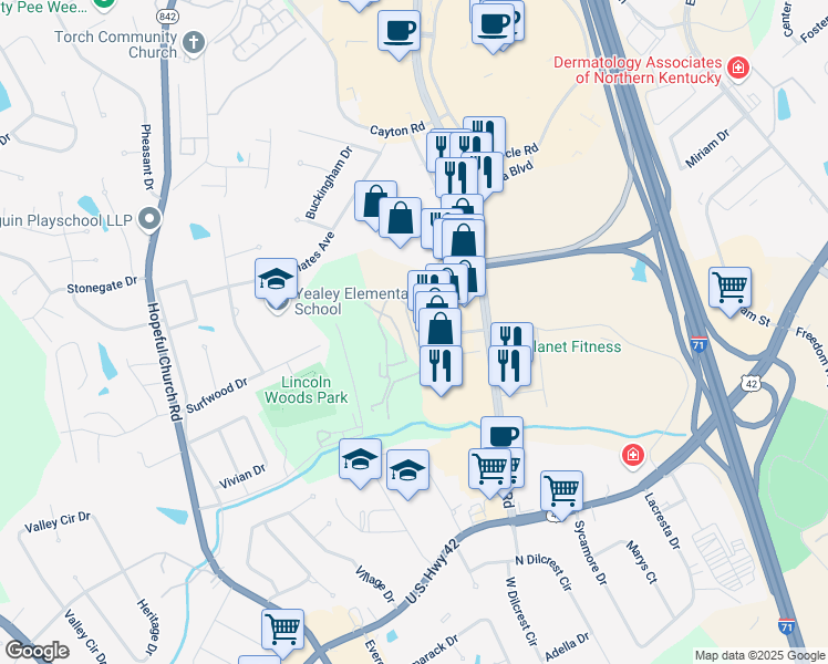 map of restaurants, bars, coffee shops, grocery stores, and more near 8722 Preakness Drive in Florence